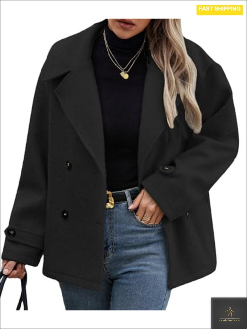 Women Wool Blend Double Breasted Pea Coat with Notch Lapel